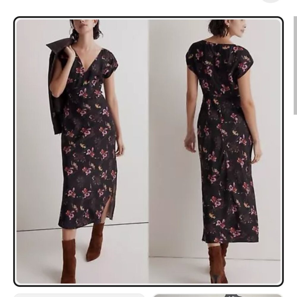 Madewell V-Neck Black Floral Midi Dress Size 8